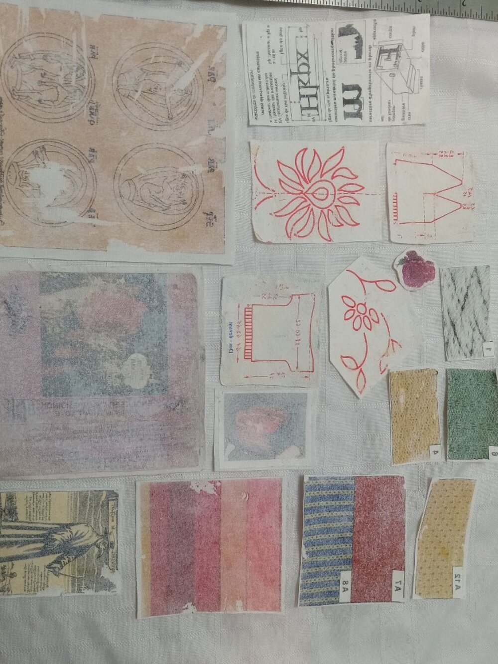 A large selection of handprinted cotton patch to sew with vintage illustrations
